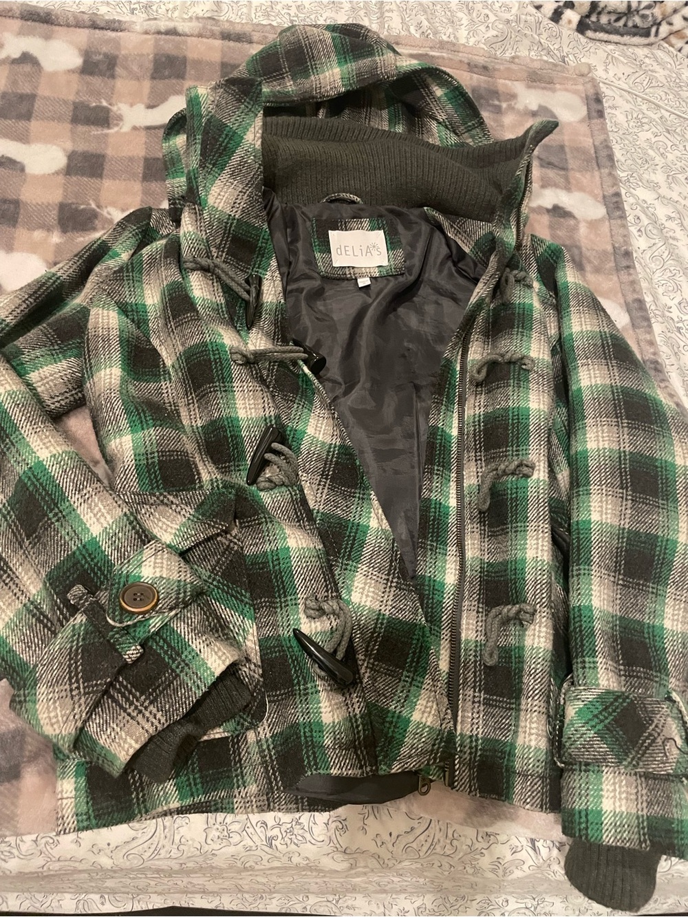 🐹3for$35🐹dELiA*s Green Black Plaid Hooded Toggle Coat